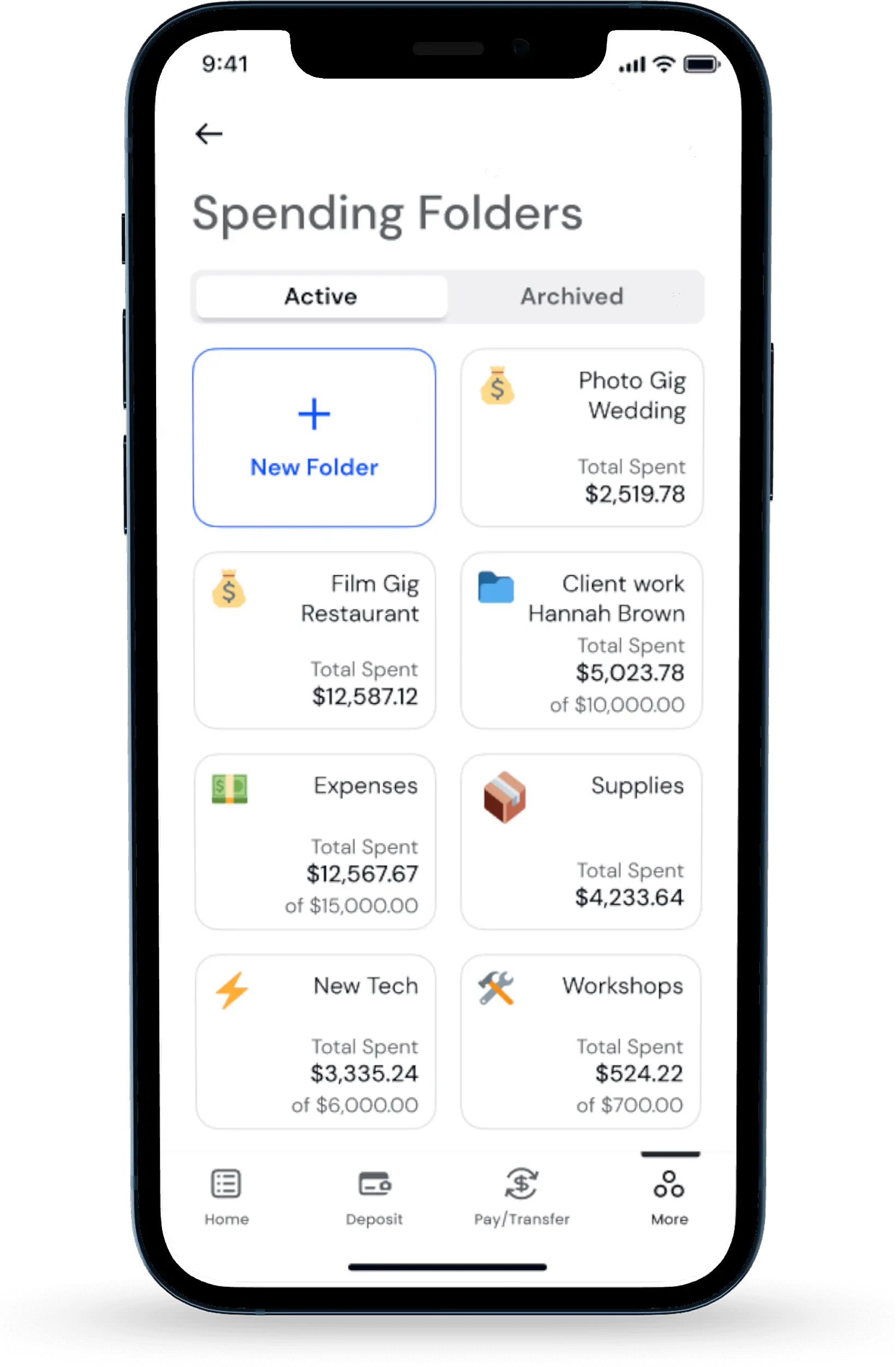 Customizable spending and savings folders in the HUSTL app